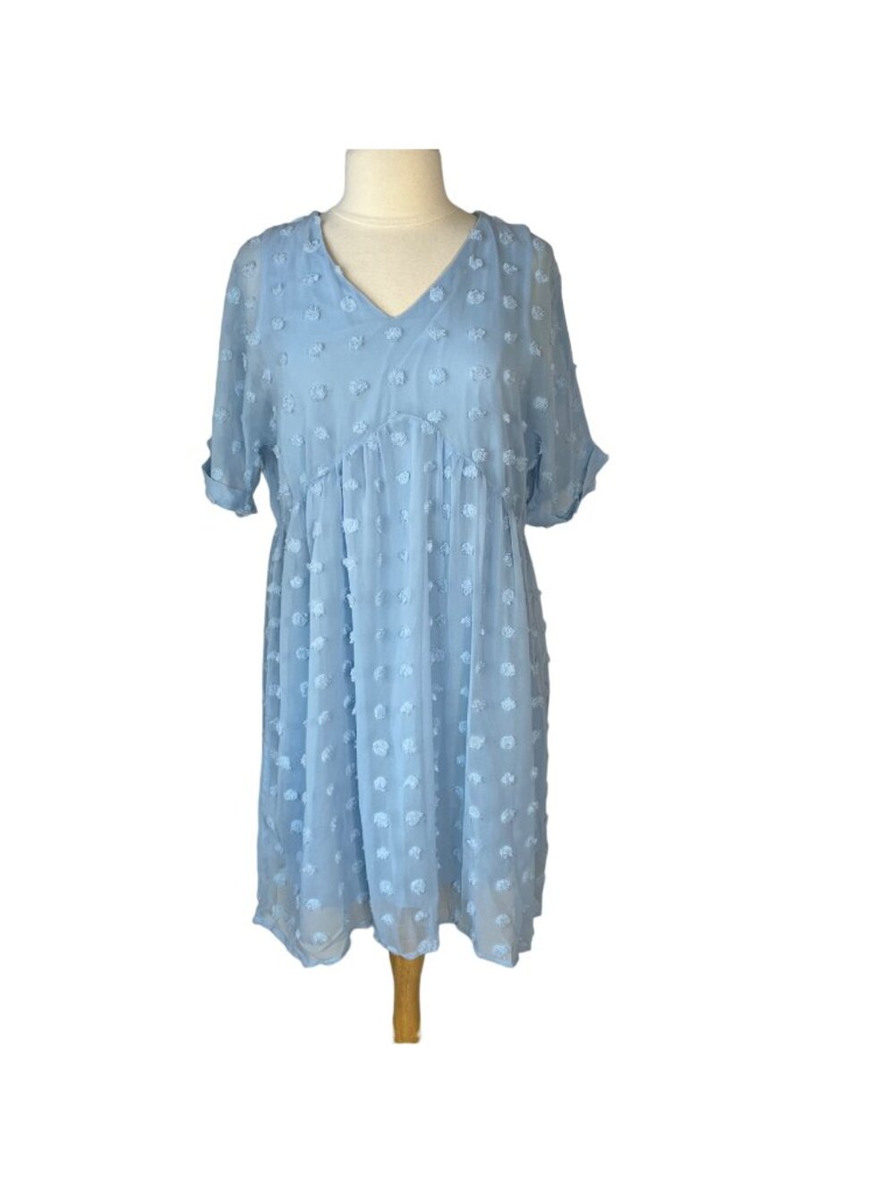 Kirundo Dress Swiss Pom Dot Babydoll Mini Medium Blue‎ New Short Sleeves